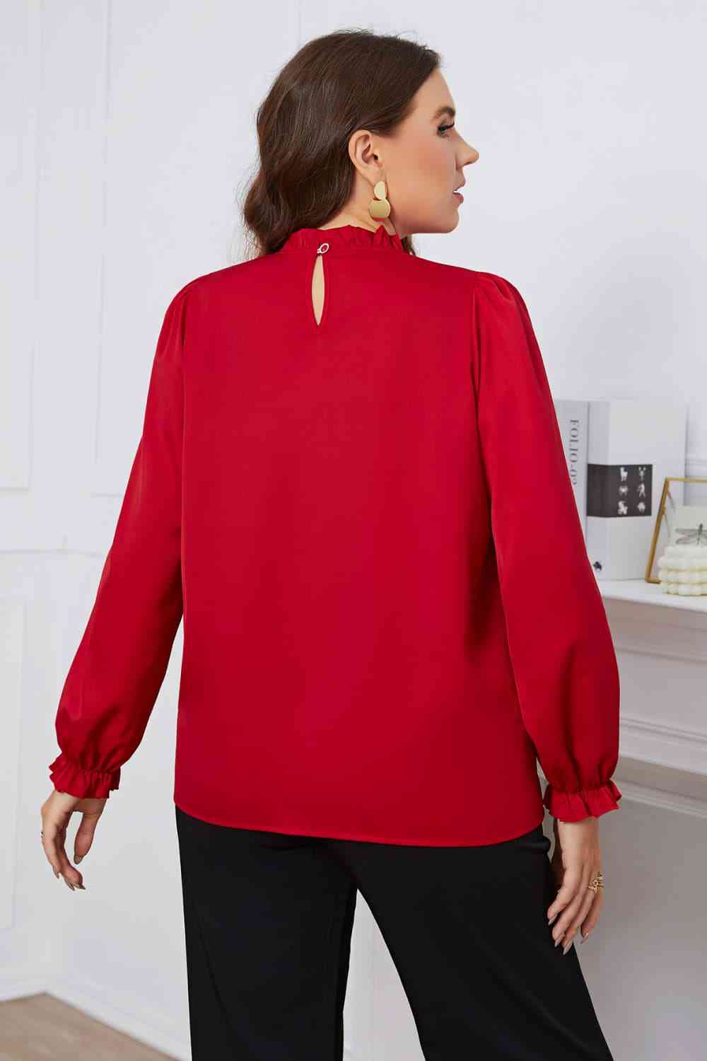 Melo Apparel Plus Size Frill Trim Flounce Sleeve Round Neck Blouse