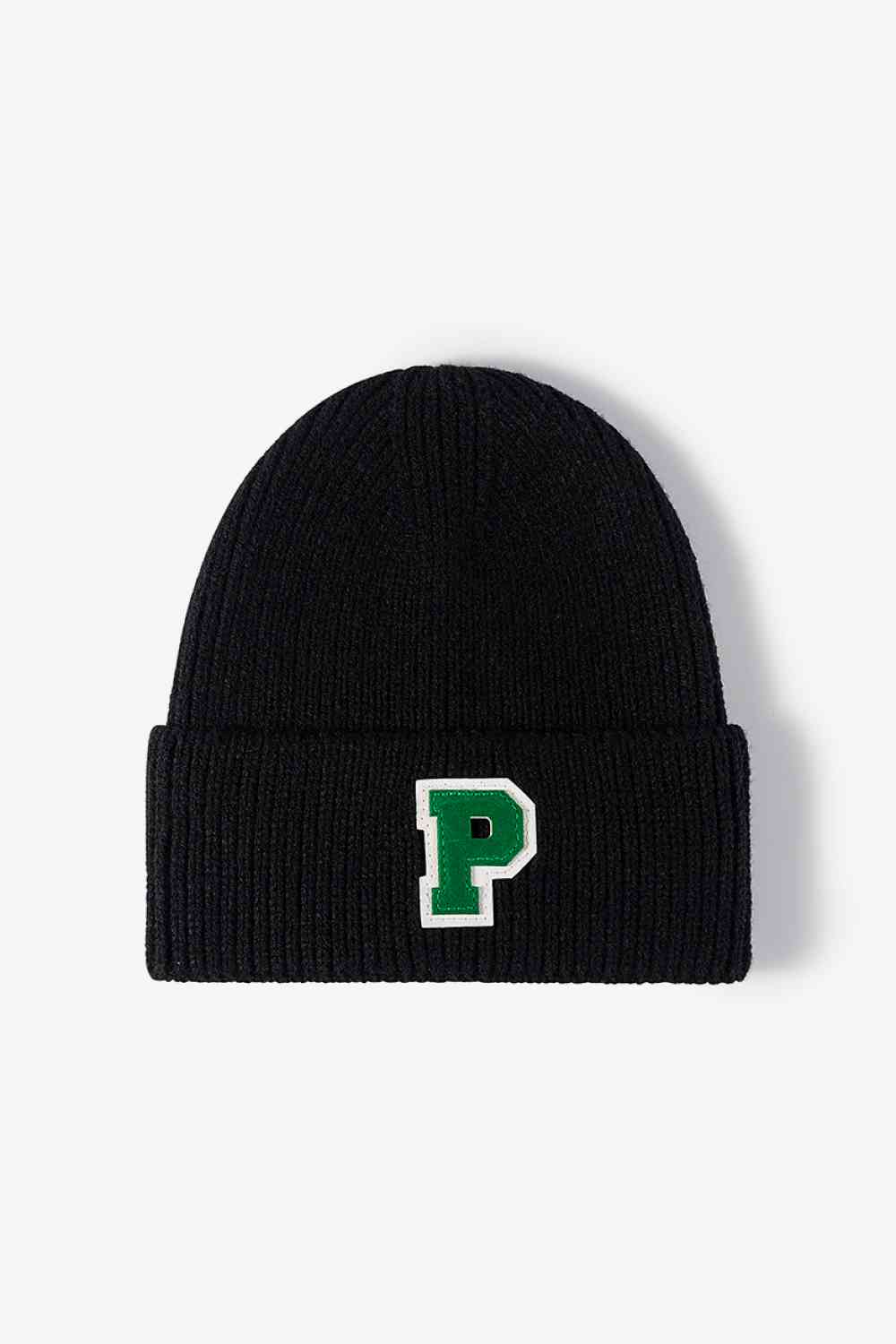 Letter Patch Cuffed Knit Beanie Black One Size