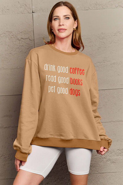 Simply Love Full Size Letter Graphic Round Neck Sweatshirt Camel