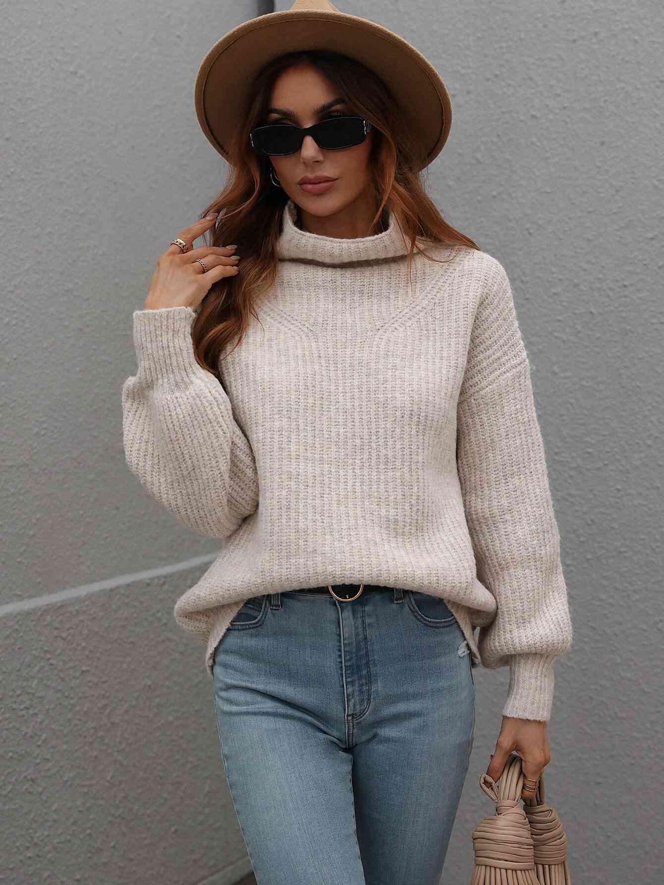 Woven Right High Neck Balloon Sleeve Rib-Knit Pullover Sweater Beige