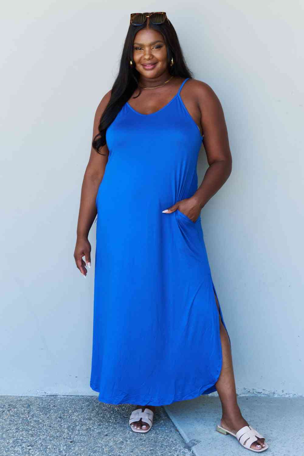 Ninexis Good Energy Full Size Cami Side Slit Maxi Dress in Royal Blue Royal Blue