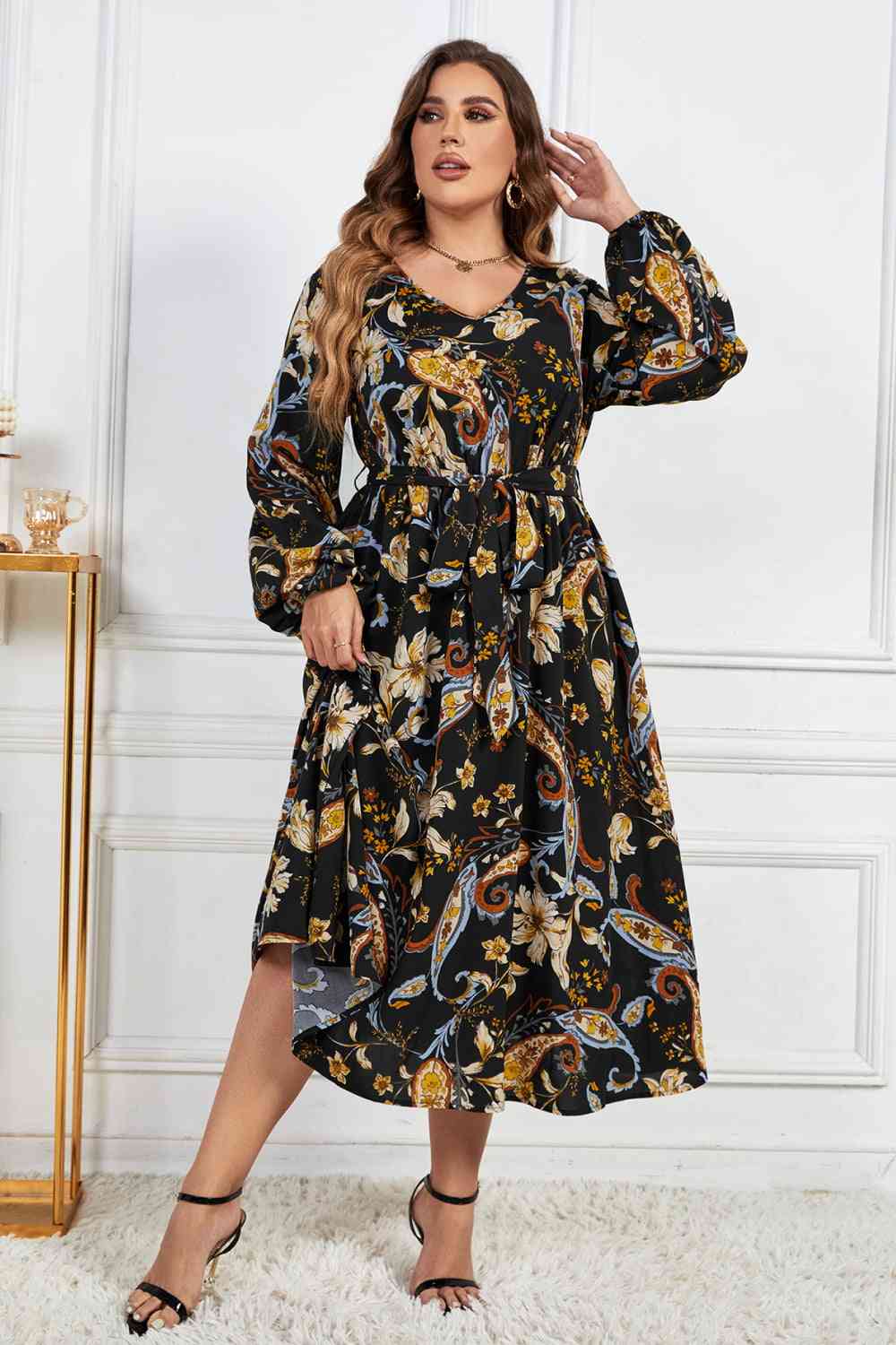 Melo Apparel Plus Size Floral Print Tie Belt Balloon Sleeve Midi Dress Black