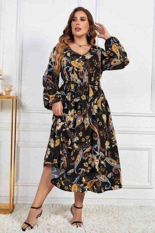 Melo Apparel Plus Size Floral Print Tie Belt Balloon Sleeve Midi Dress Black