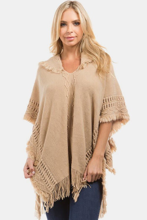 Fringed Crochet Buttoned Hooded Poncho Sand