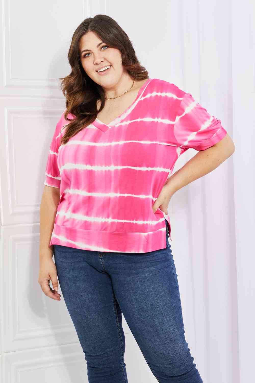 Yelete Full Size Oversized Fit V-Neck Striped Top Hot Pink