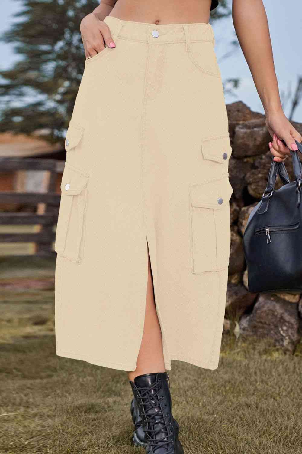 Slit Front Midi Denim Skirt with Pockets Sand