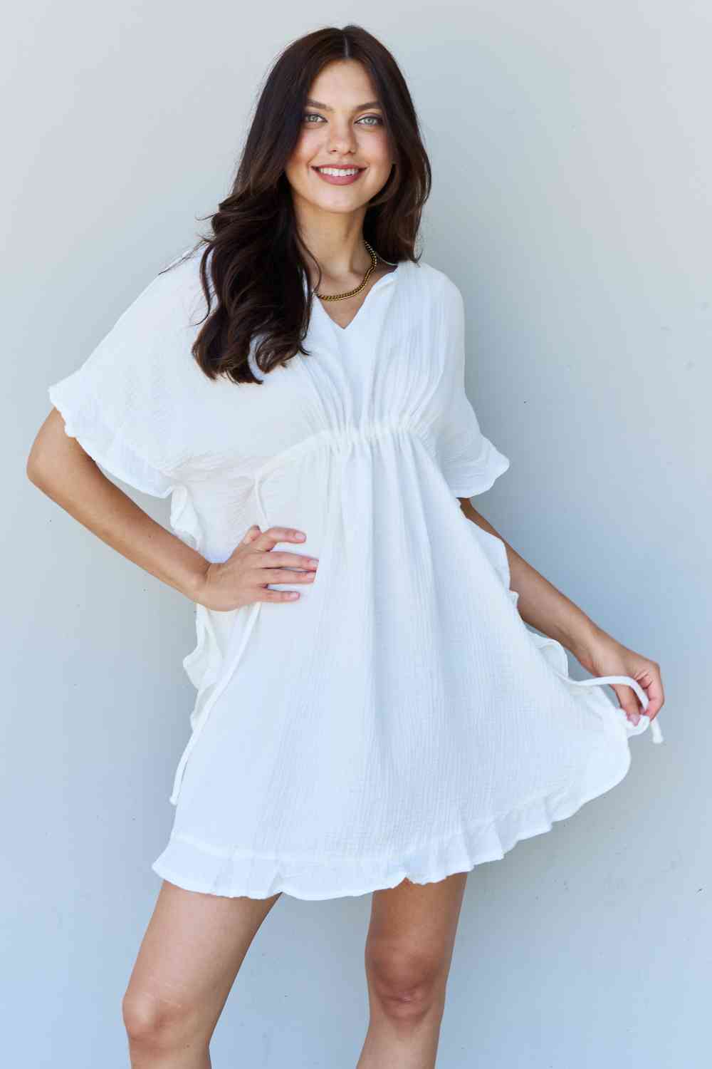 Ninexis Out Of Time Full Size Ruffle Hem Dress with Drawstring Waistband in White White