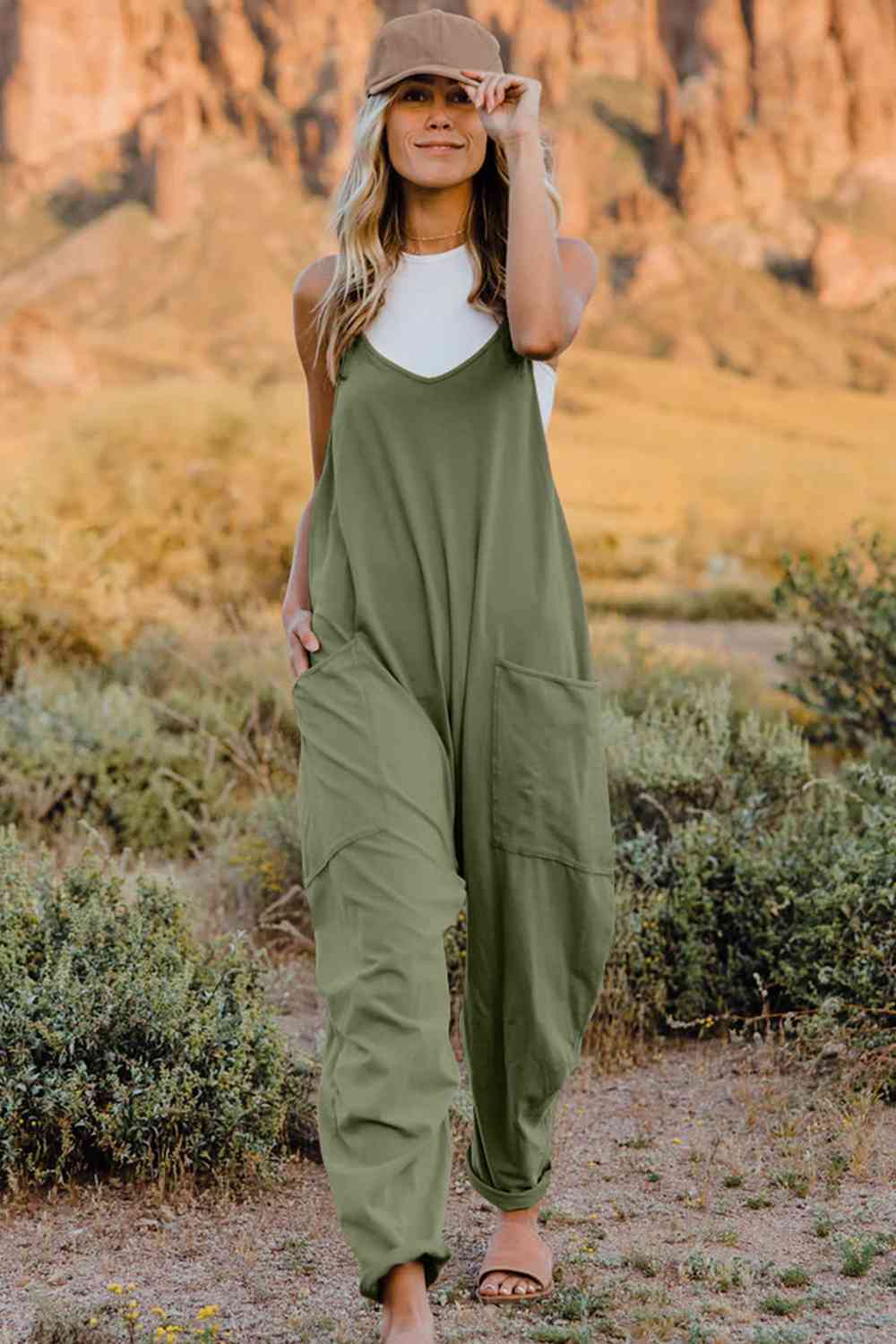 Double Take V-Neck Sleeveless Jumpsuit with Pocket Army Green