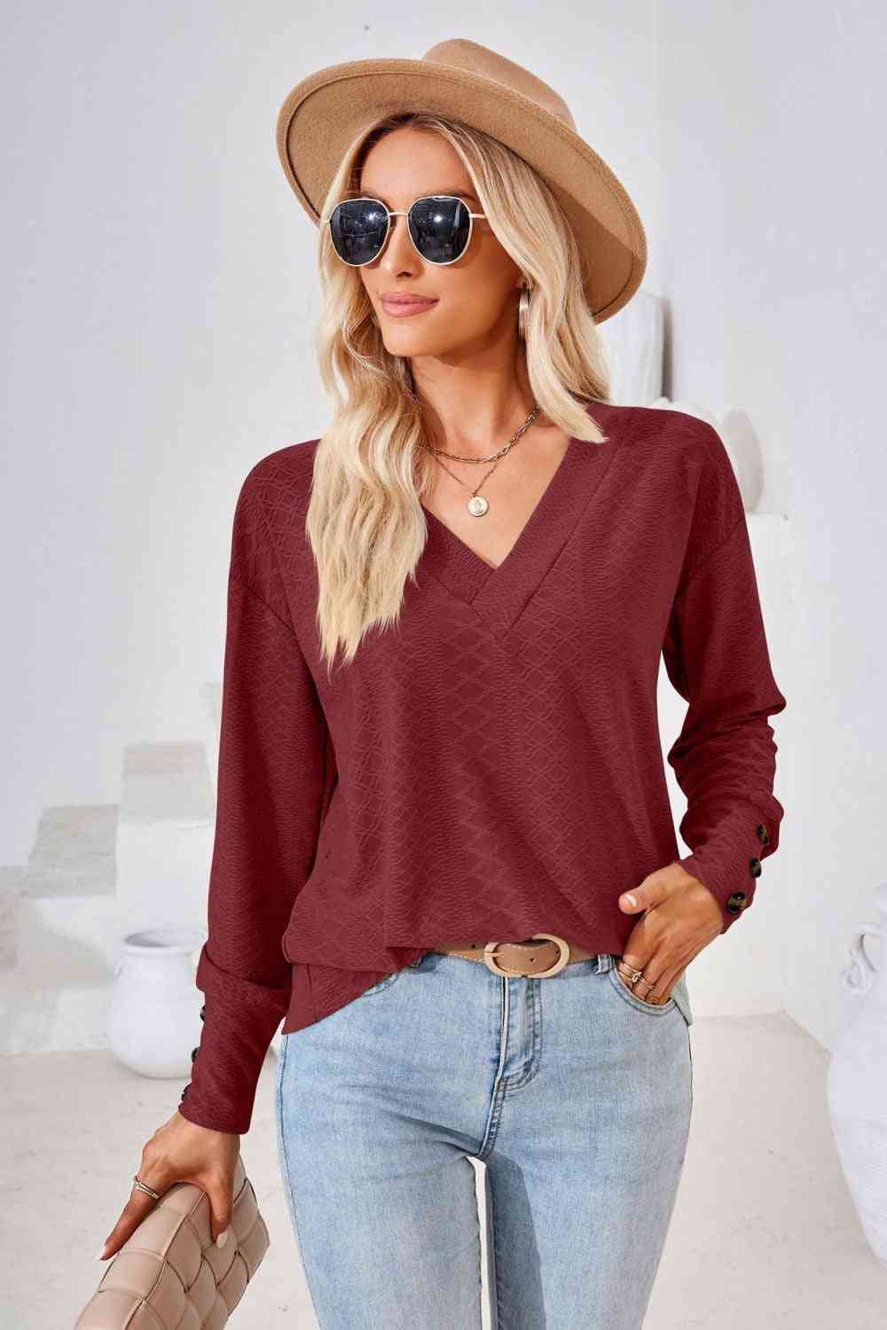 V-Neck Long Sleeve Blouse Wine