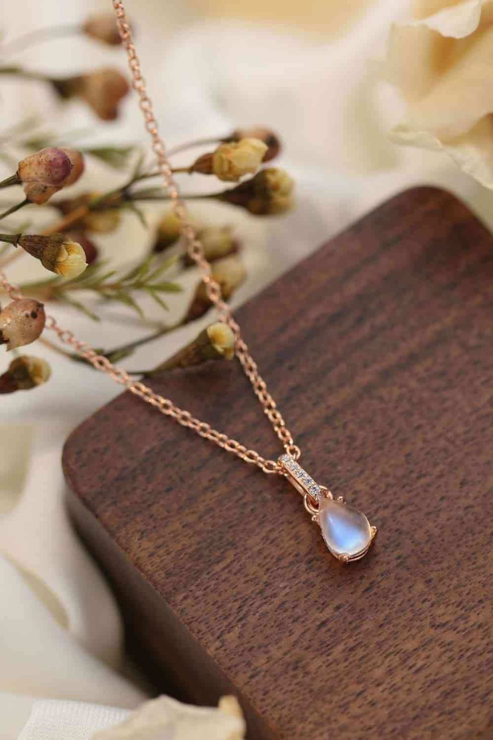 High Quality Natural Moonstone Teardrop Pendant 925 Sterling Silver Necklace Rose Gold One Size