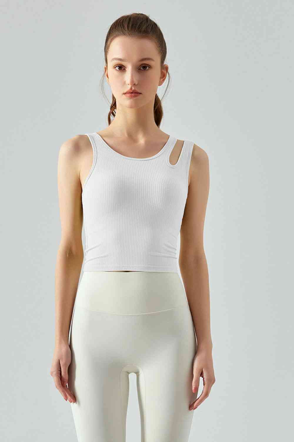 Ribbed Round Neck Sports Tank Top White