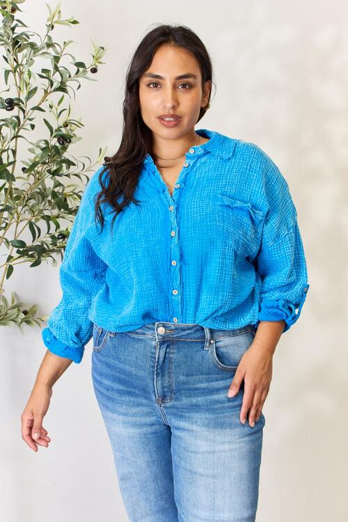 Zenana Full Size Washed Raw Trim Button Down Shirt Ocean Blue