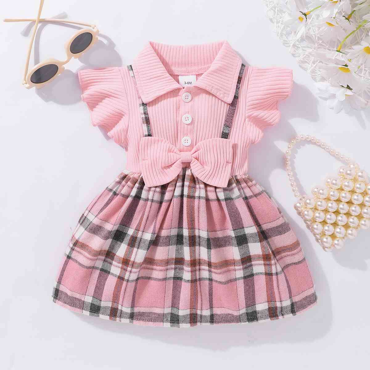 Baby Girl Plaid Collared Bow Detail Dress Blush Pink