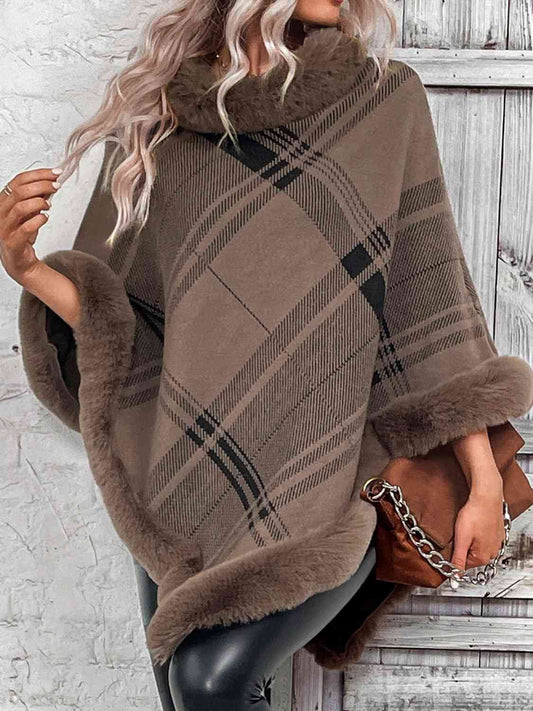 Plaid Faux Fur Trim Poncho Taupe