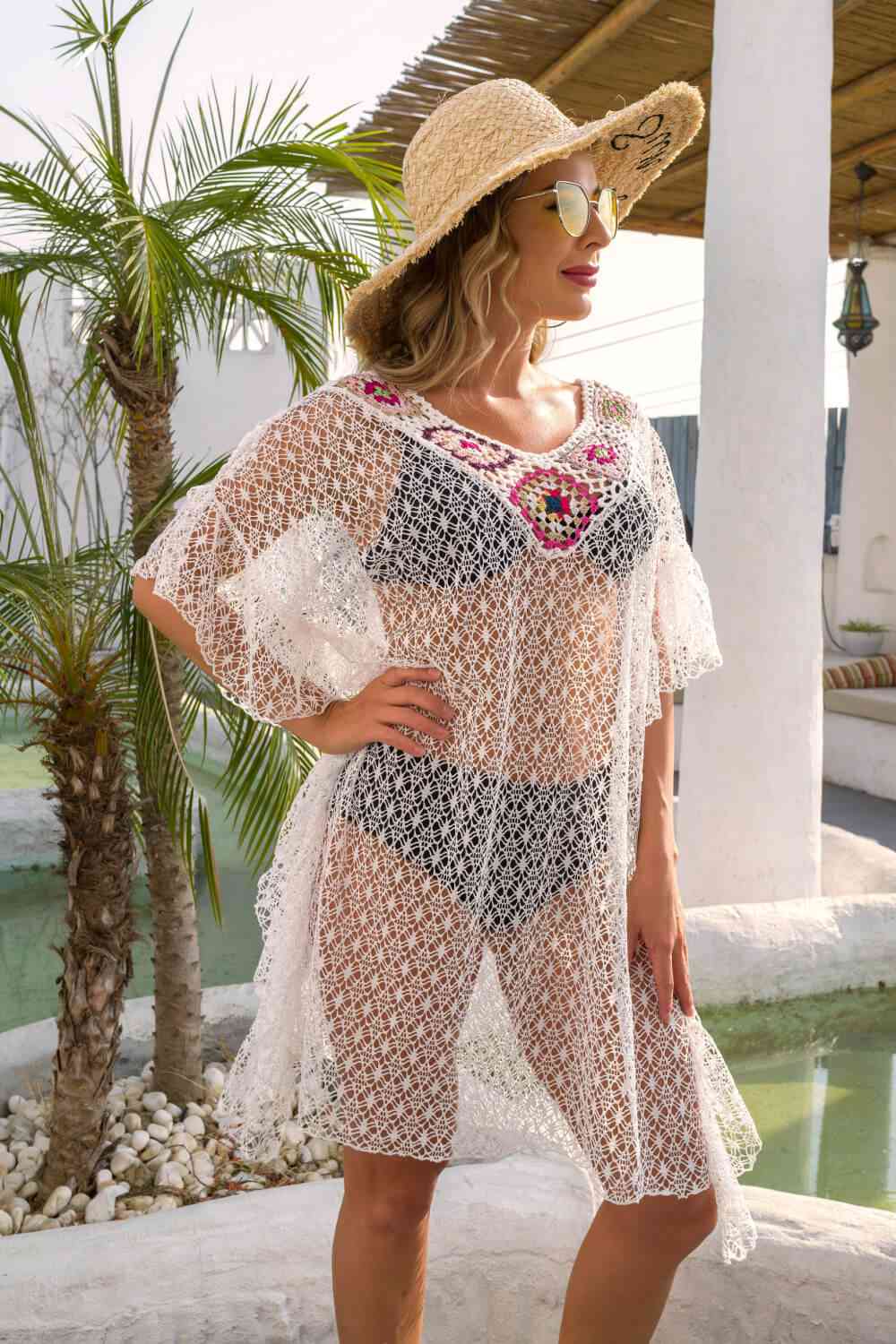 Contrast V-Neck Sheer Cover Up White One Size