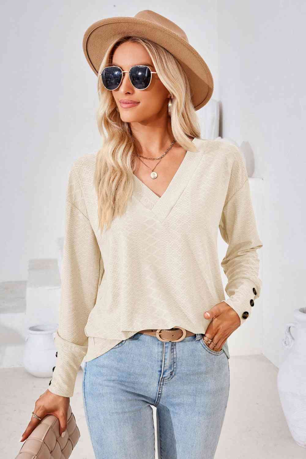 V-Neck Long Sleeve Blouse Cream