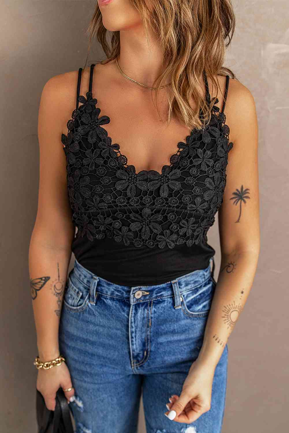 Lace Double Spaghetti Strap Cami Top Black M