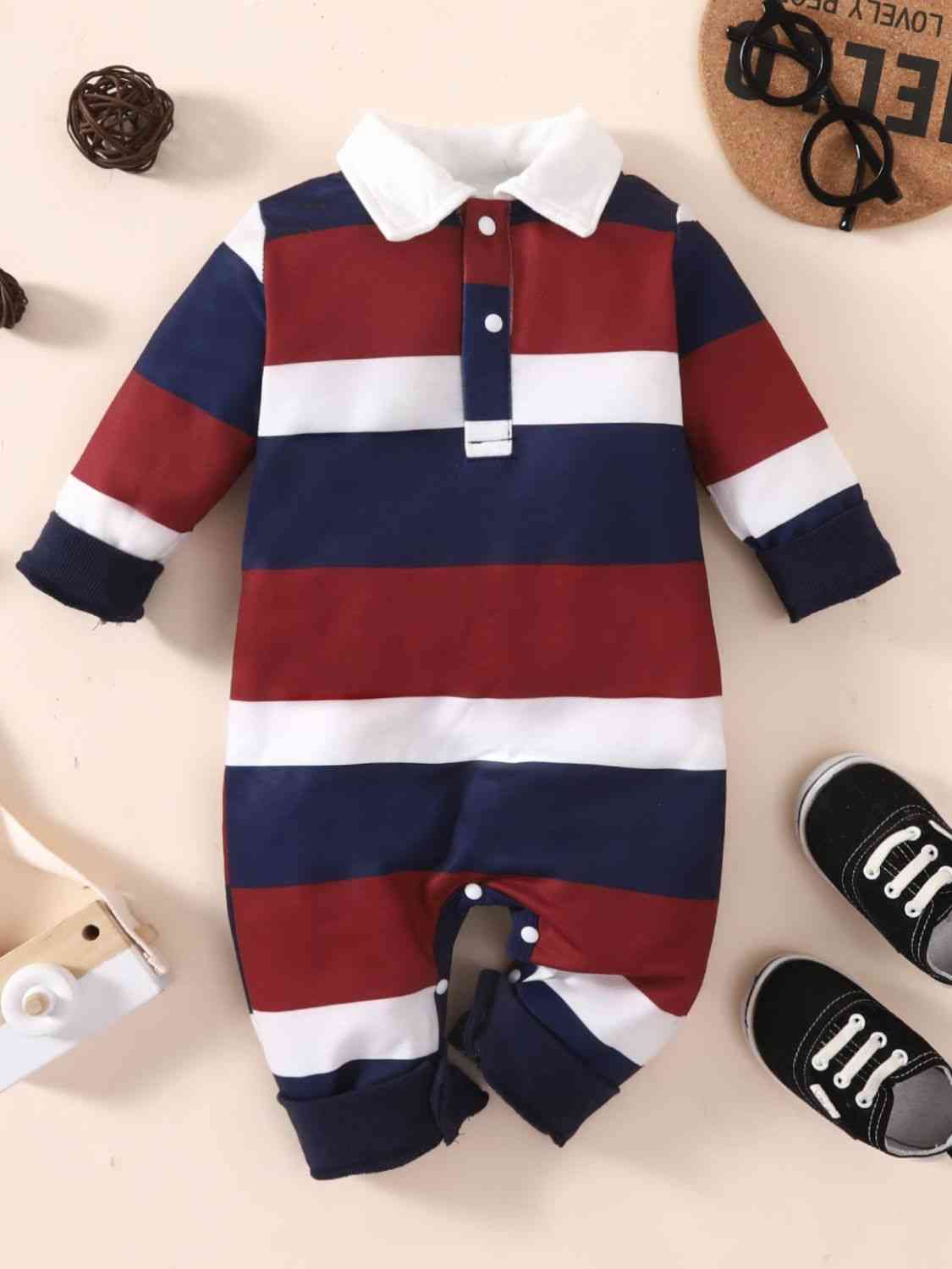 Baby Striped Collared Neck Jumpsuit Multi