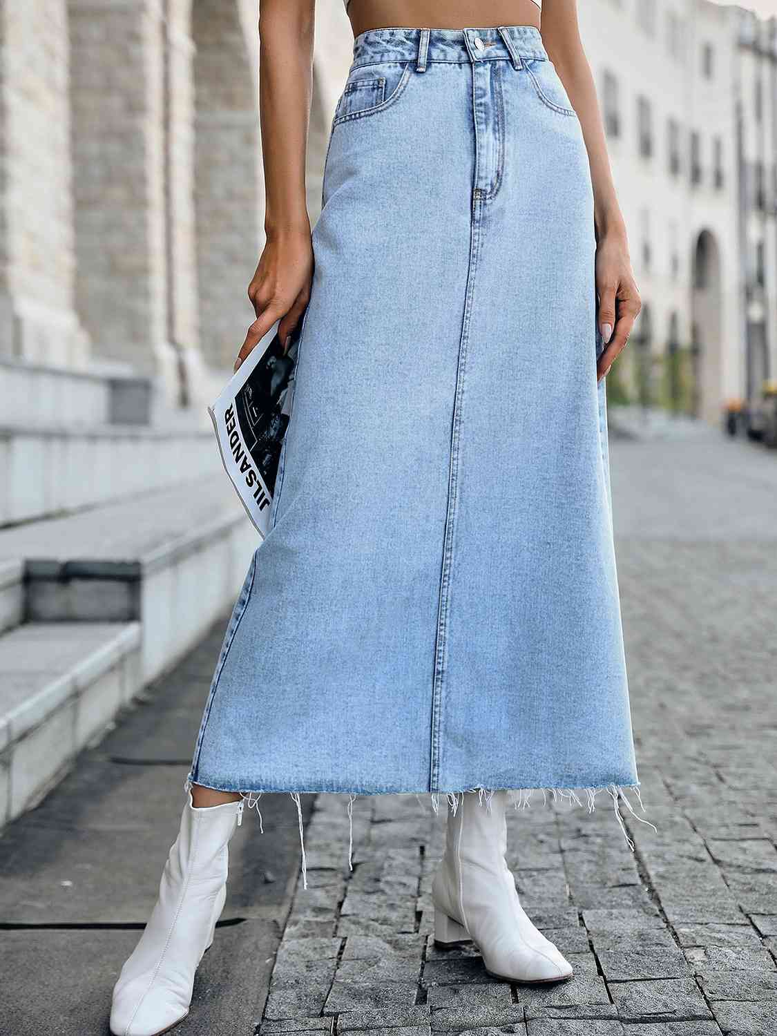 Raw Hem Denim Skirt Misty Blue