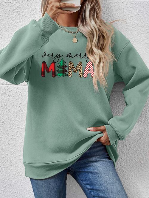 Letter Graphic Round Neck Long Sleeve Sweatshirt Sage