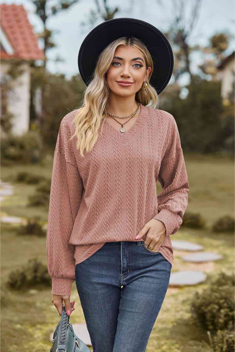 V-Neck Dropped Shoulder Blouse Dusty Pink