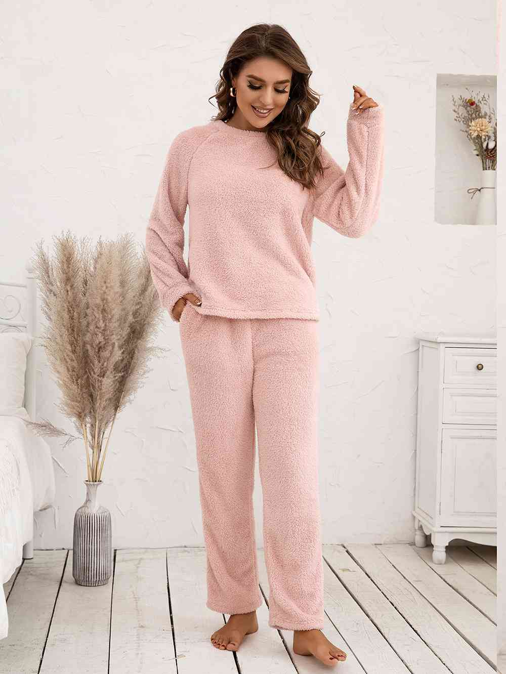 Teddy Long Sleeve Top and Pants Lounge Set Peach