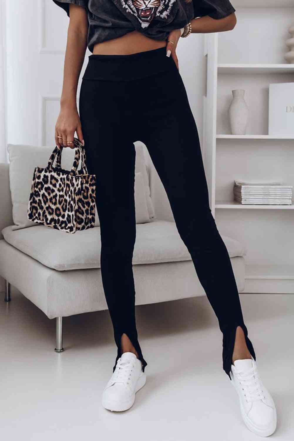 High Waist Ribbed Slit Leggings Black