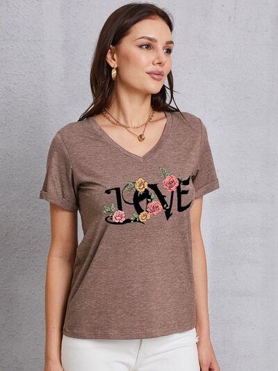 LOVE V-Neck Short Sleeve T-Shirt Mocha