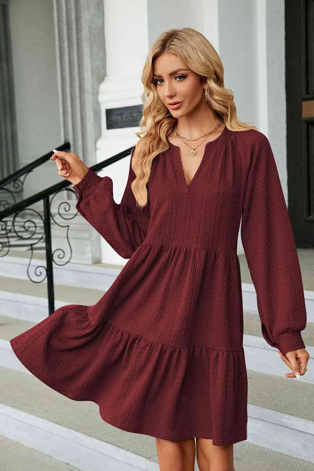 Notched Neck Long Sleeve Mini Dress Wine