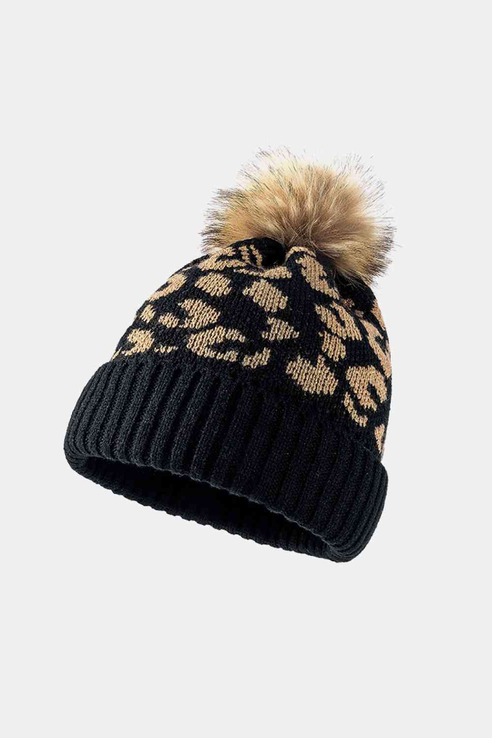 Leopard Pom-Pom Cuffed Beanie Black One Size