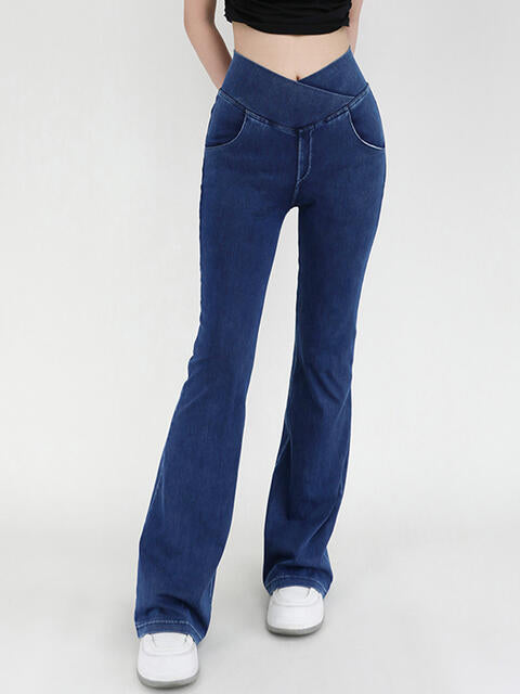 Wide Waistband Bootcut Jeans with Pockets Dark