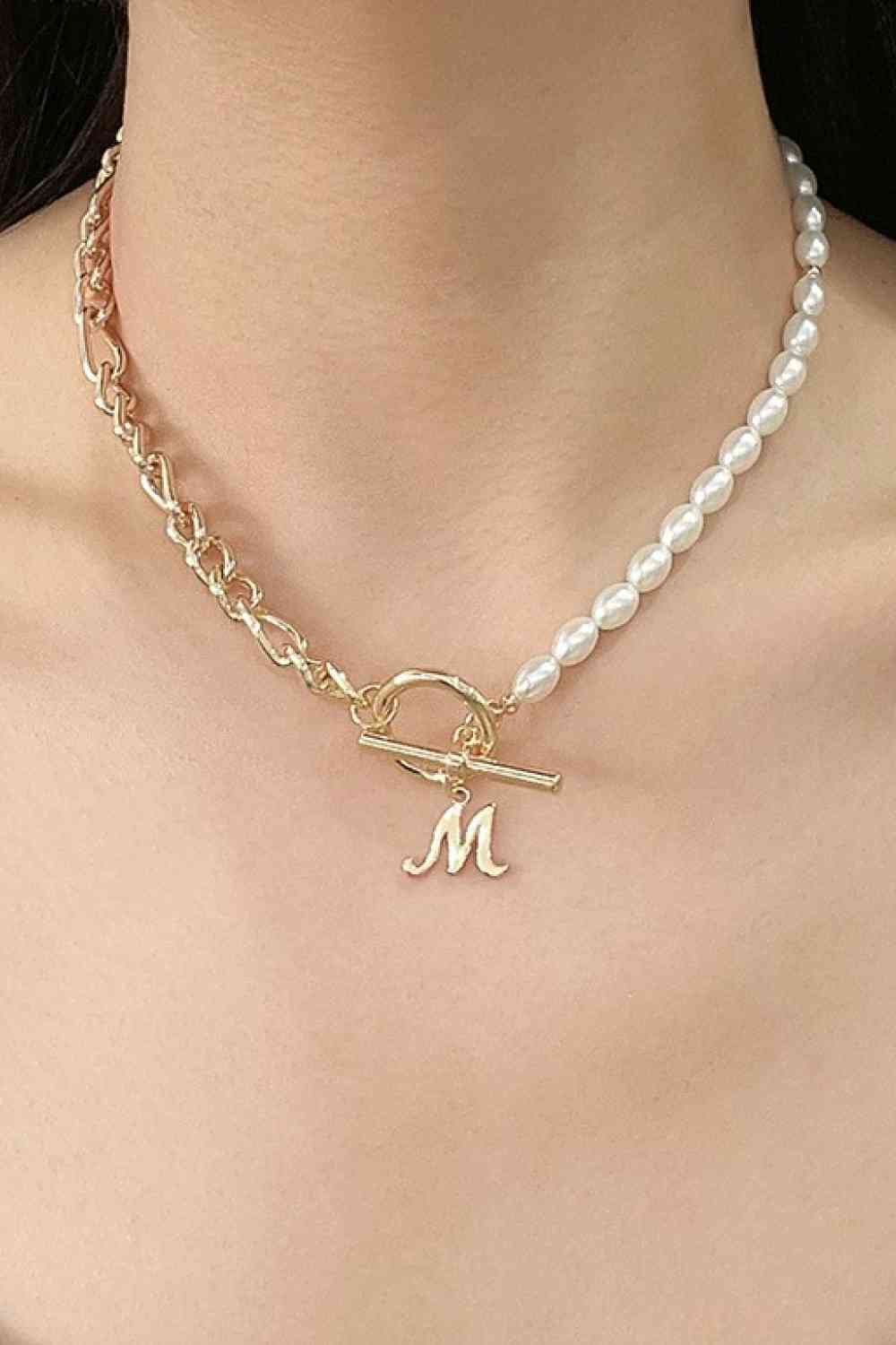 Alphabet M Pendant Half Pearl and Half Chain Necklace Gold One Size