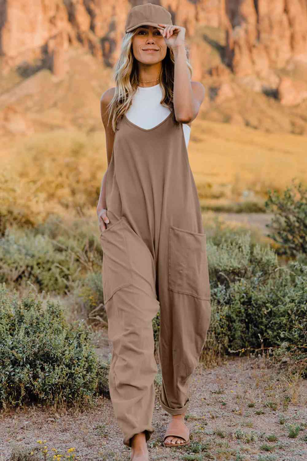 Double Take V-Neck Sleeveless Jumpsuit with Pocket Tan