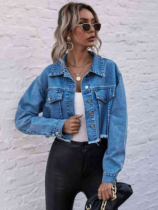 Raw Hem Collared Neck Denim Jacket Peacock Blue