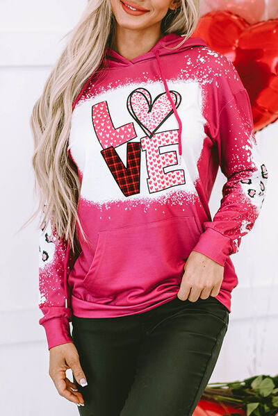 LOVE Heart Drawstring Dropped Shoulder Hoodie Deep Rose