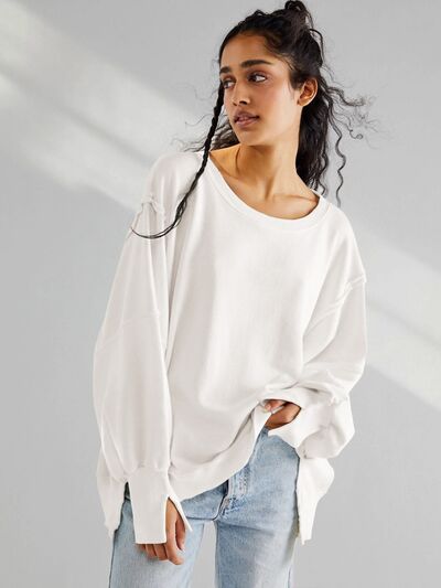 Slit Round Neck Dropped Shoulder T-Shirt White