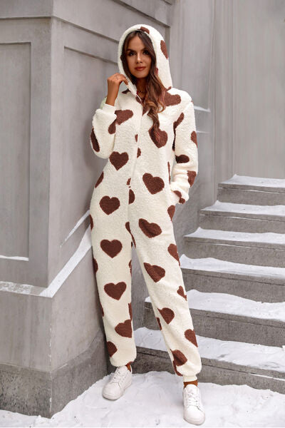 Fuzzy Heart Zip Up Hooded Lounge Jumpsuit Burnt Umber