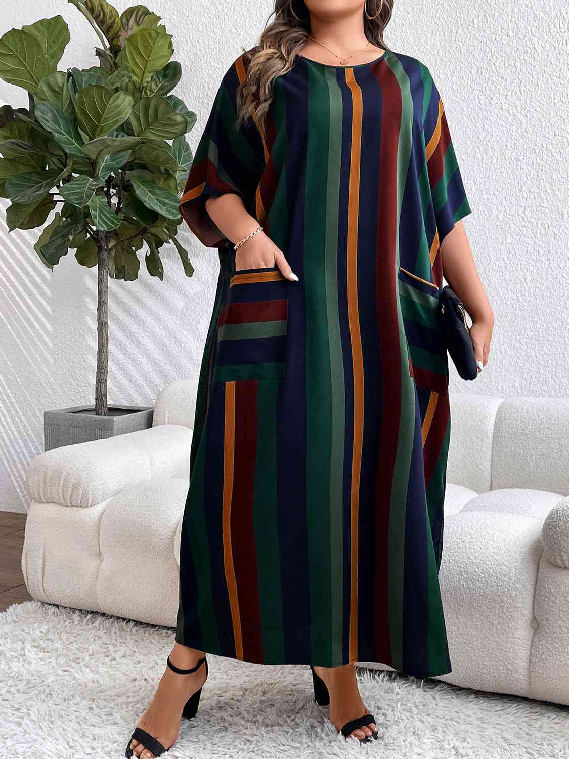 Plus Size Striped Maxi Dress with Pockets Stripe