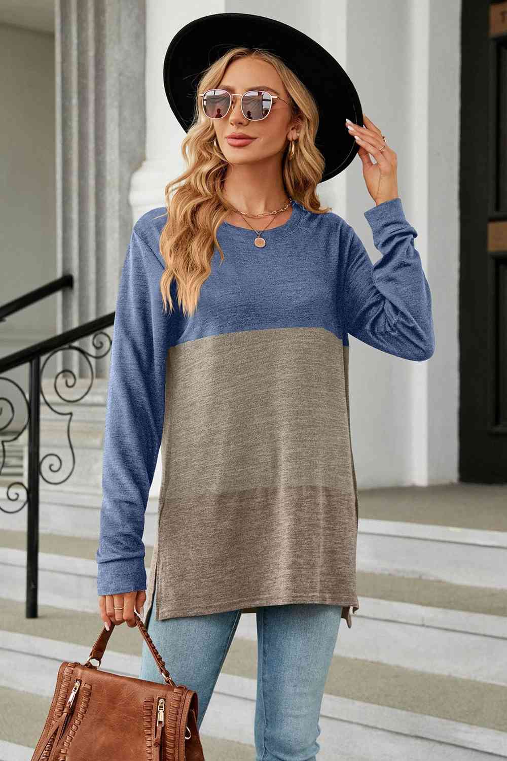 Color Block Round Neck Long Sleeve Slit T-Shirt Dusty Blue