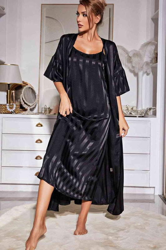 Striped Flounce Sleeve Open Front Robe and Cami Dress Set Black