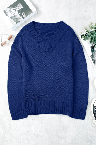 V-Neck Dropped Shoulder Sweater Royal Blue