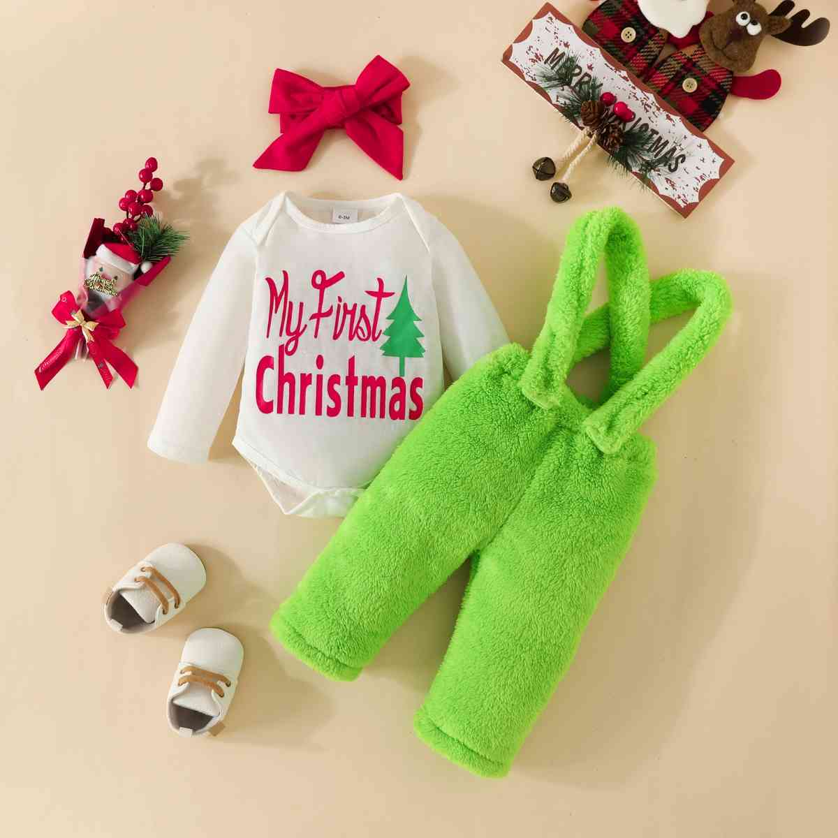MY FIRST CHRISTMAS Graphic Bodysuit and Overalls Set White