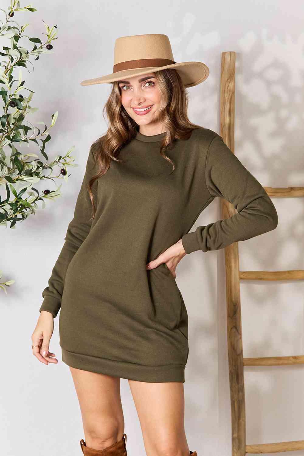 Double Take Round Neck Long Sleeve Mini Dress with Pockets Army Green