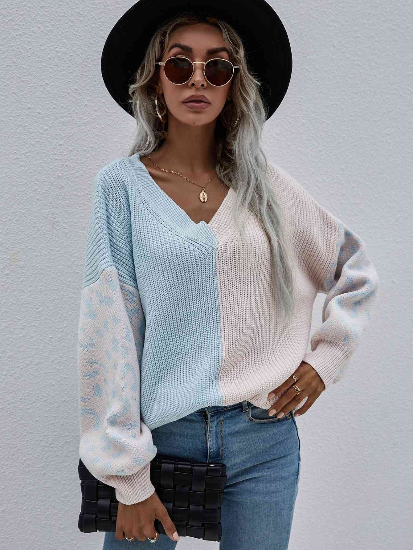 Woven Right Leopard Color Block V-Neck Tunic Pullover Sweater Sky Blue
