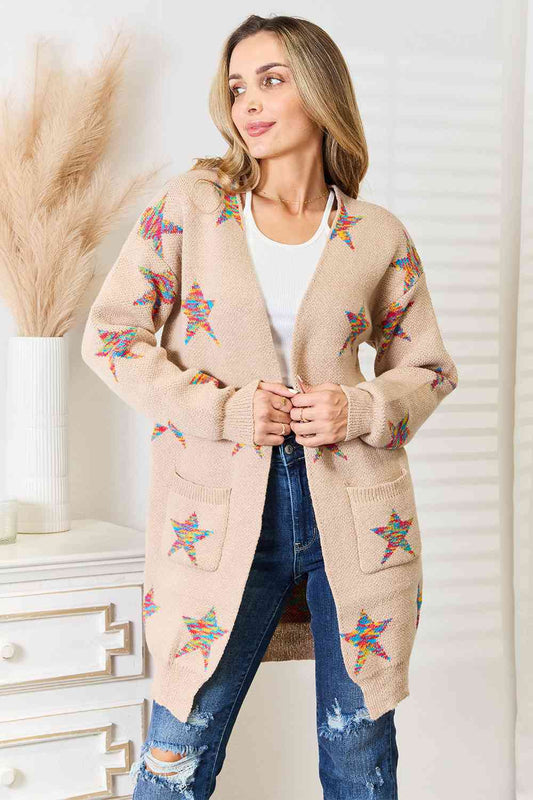 Double Take Star Pattern Open Front Longline Cardigan Mocha