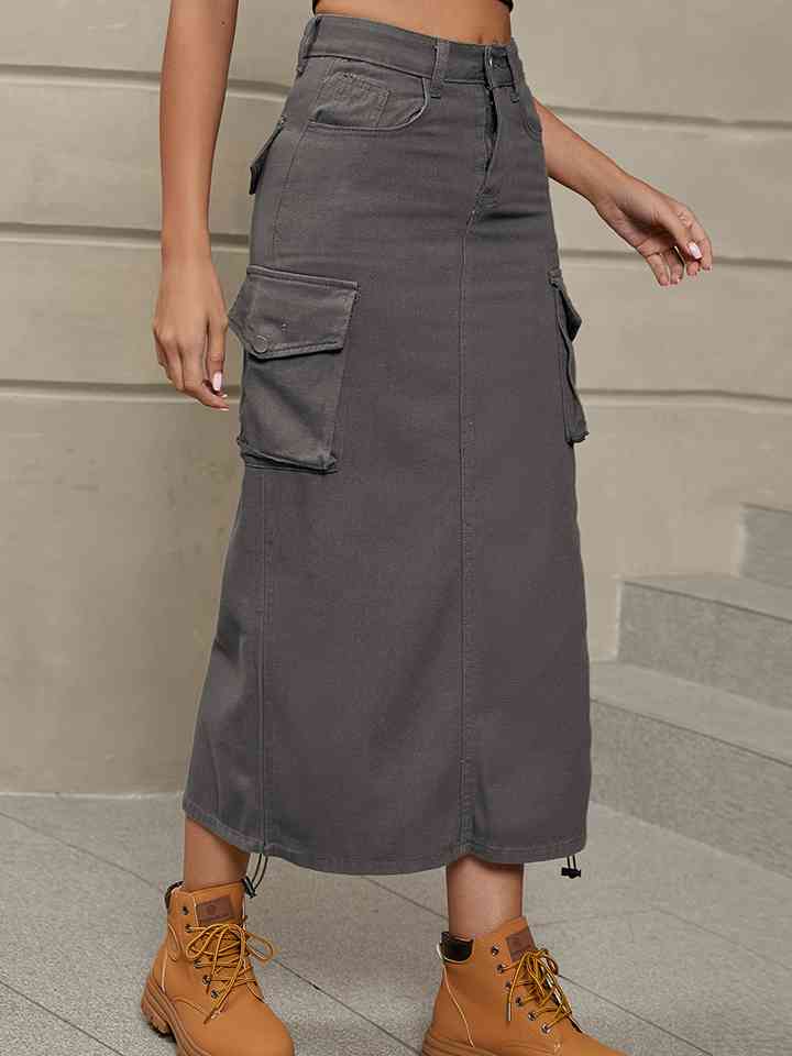 Drawstring Denim Skirt with Pockets