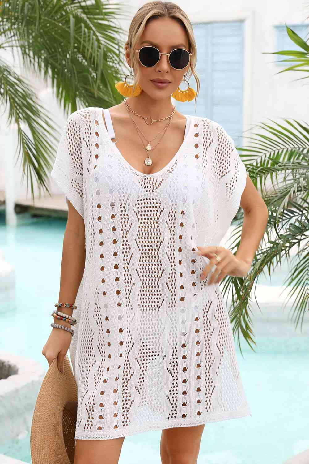 Openwork Plunge Dolman Sleeve Cover-Up Dress White One Size