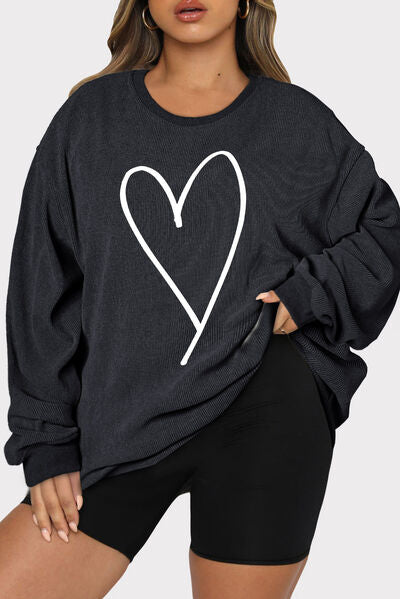 Plus Size Heart Ribbed Round Neck Sweatshirt