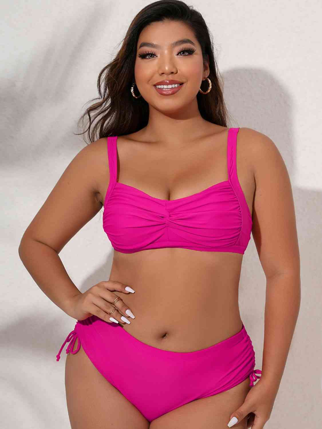 Plus Size Twist Front Tied Bikini Set Fuchsia