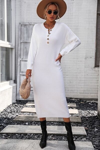 Decorative Button Notched Dropped Shoulder Sweater Dress White